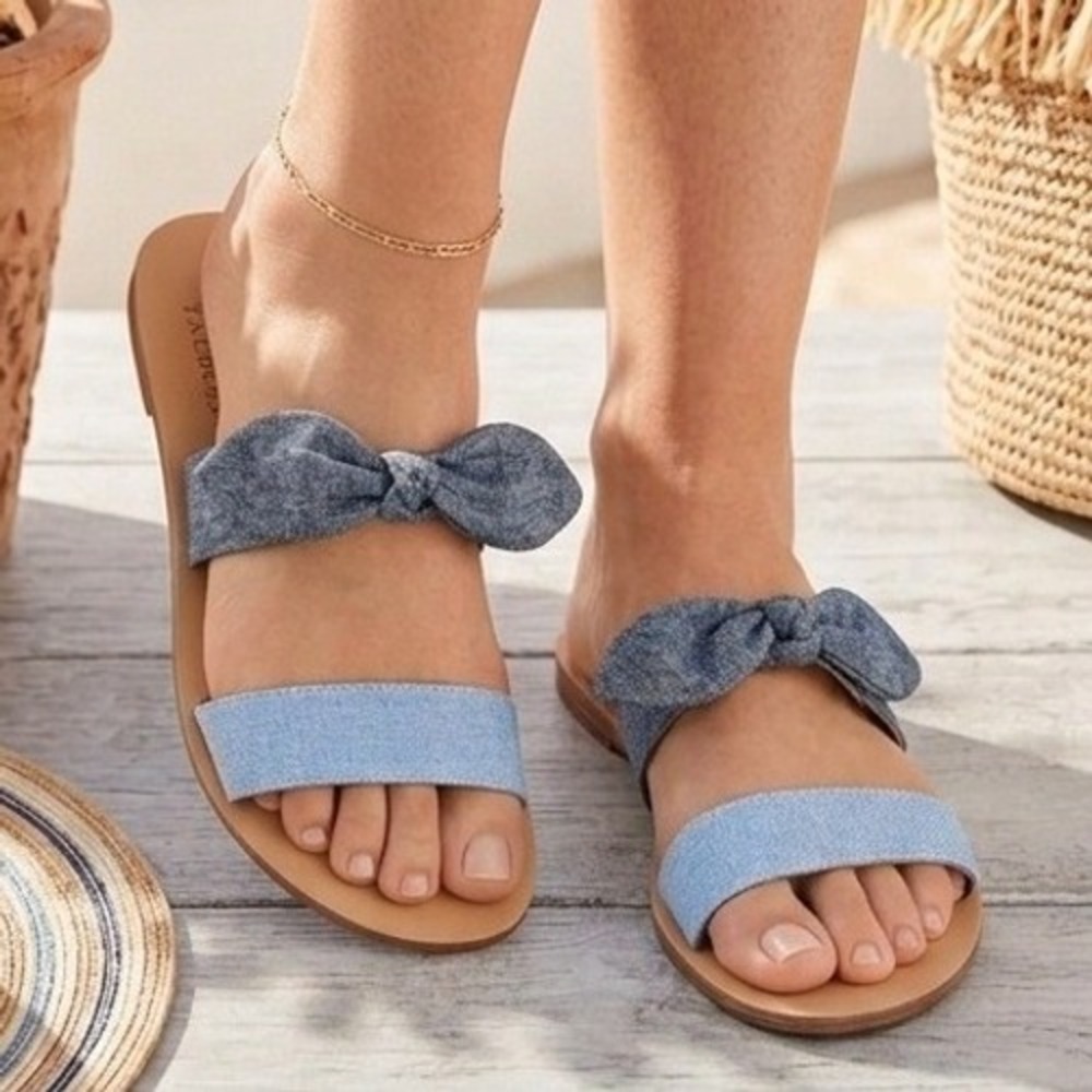 Talbots Womens 7M Blue Chambray Bow Slide‎ Sandals Flat Two Tone Denim Shoes